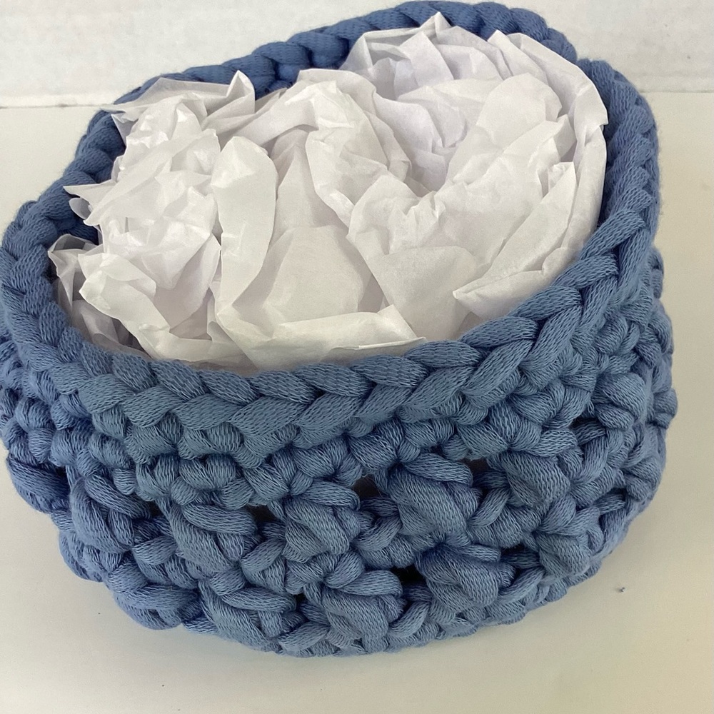 Bowl Lidded Hand Crafted Container Crochet Cotton Denim Blue Boho - Picture 5 of 16